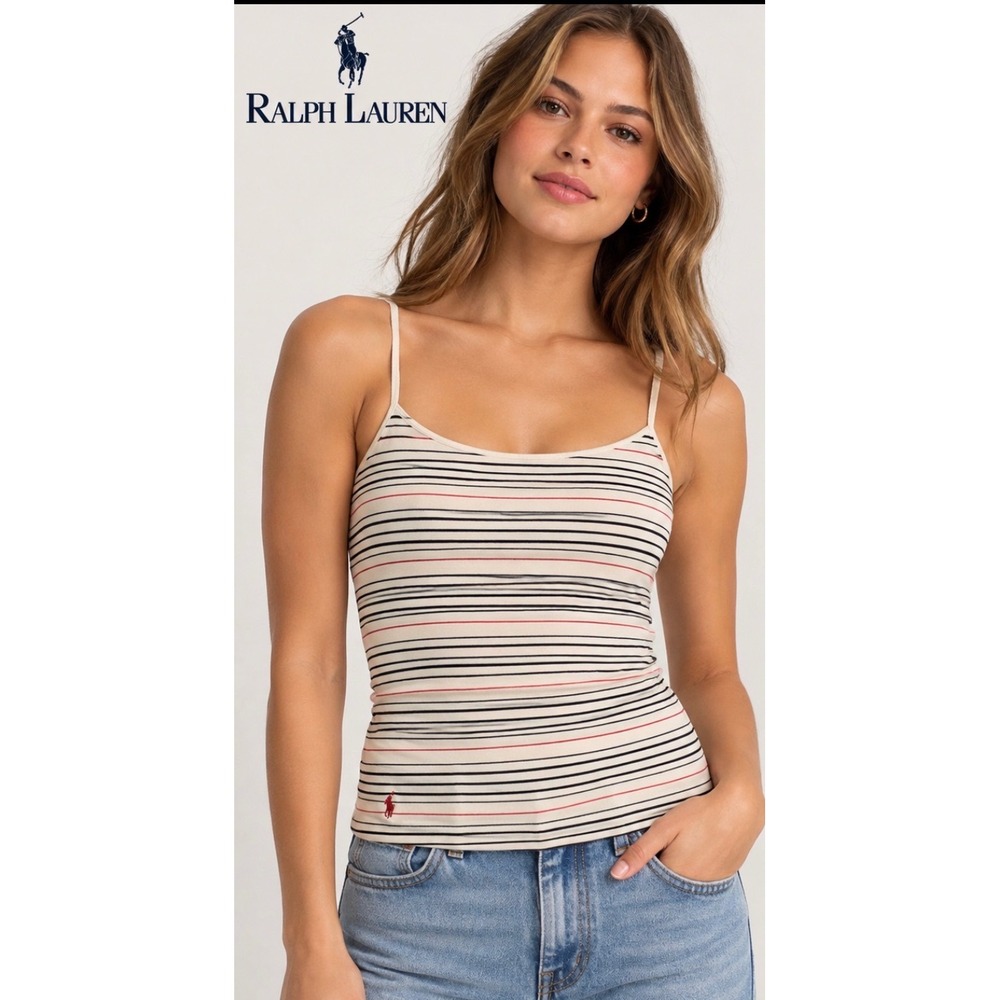 Ralph Lauren Vintage Y2K Striped Cami Tank Top Pony Logo Cream Navy Pink Large